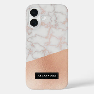 Funda iPhone 16 Elegante Faux Rosa Gold & Marble Custom Name
