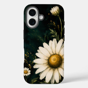 Funda iPhone 16 Elegante Flor de Margarita Esmeralda Oscura Dorada