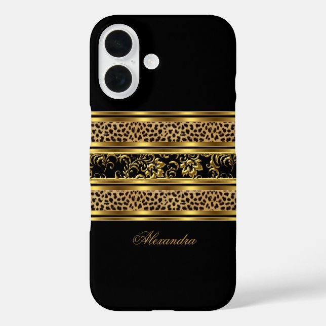 Funda iPhone 16 Elegante Floral de Leopardo Negro Oro Clásico (Reverso )