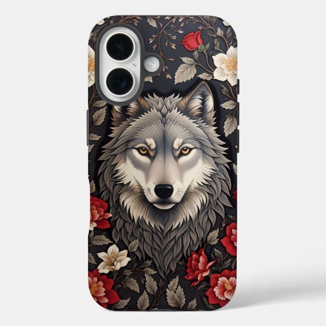 Funda iPhone 16 Elegante Floral de Lobo Gris (Reverso )