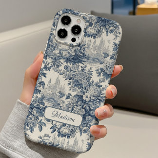 Funda iPhone 16 Elegante floral vintage Monograma azul toile de jo