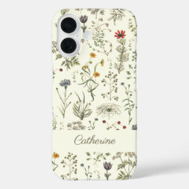 Funda iPhone 16 Elegante florines botánicos vintage Nombre blanco