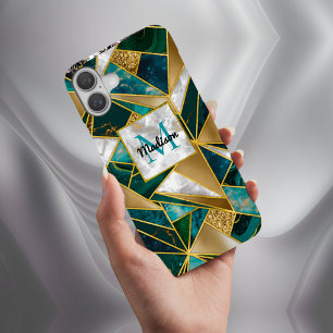 Funda iPhone 16 Elegante geométrico turquesa de imitación de oro