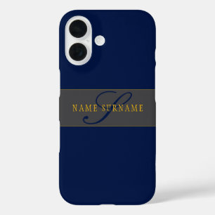 Funda iPhone 16 Elegante guión Monograma Marina oscura gris azul y