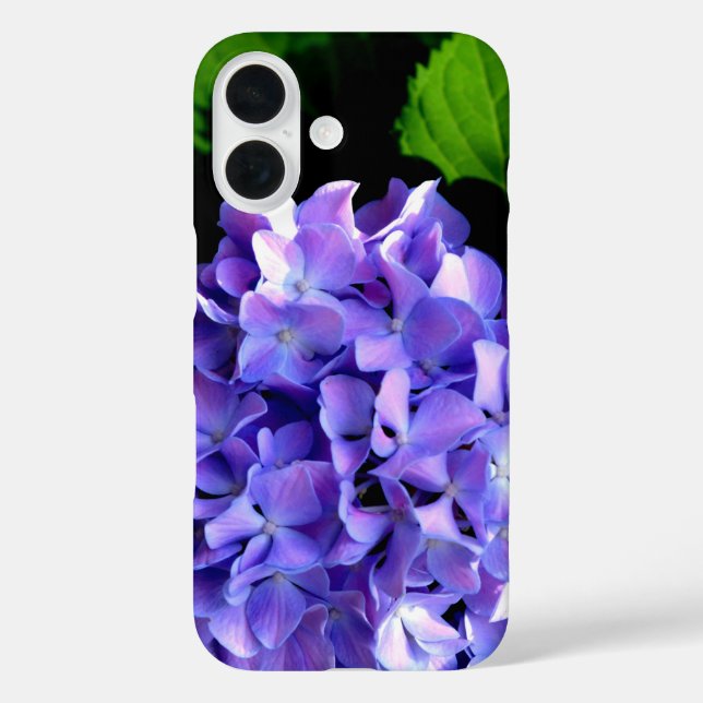 Funda iPhone 16 Elegante hortensias azul violeta de flores moradas (Reverso )