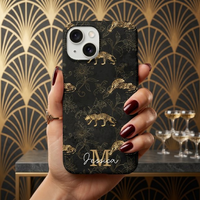 Funda iPhone 16 Elegante Leopardo Art Déco Negro y Dorado  (Subido por el creador)
