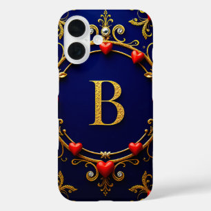 Funda iPhone 16 Elegante letra B dorada rodeada de corazones