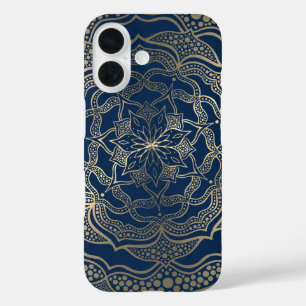 Funda iPhone 16 Elegante Mandala Art Boho Gold y Marina Blue Luxur