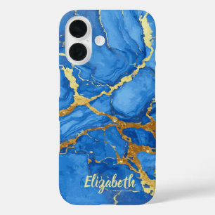 Funda iPhone 16 Elegante Mármol Azul y Oro