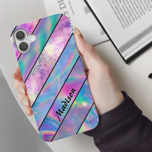 Funda iPhone 16 Elegante moda holográfica rayada rosa azul