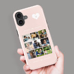 Funda iPhone 16 Elegante monograma 9 collage de fotos color rosa<br><div class="desc">Añade nueve imágenes familiares,  niños,  mascotas o mejores amigos y crea tu propio hermoso estuche de teléfono de collage con tu nombre de monograma inicial dentro de un corazón blanco sobre un fondo rosa claro.            Fácil de personalizar con las imágenes cuadradas y la letra de su personalizado</div>