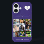 Funda iPhone 16 Elegante monograma 9 collage de fotos morado<br><div class="desc">Añade nueve imágenes familiares,  niños,  mascotas o mejores amigos y crea tu propio hermoso estuche de fotos con tu nombre de monograma inicial dentro de un corazón blanco sobre un fondo morado.            Fácil de personalizar con las imágenes cuadradas y la letra de su personalizado</div>