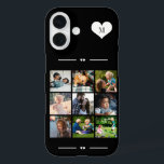 Funda iPhone 16 Elegante monograma 9 collage de fotos negro<br><div class="desc">Añade nueve imágenes familiares,  niños,  mascotas o mejores amigos y crea tu propio hermoso estuche de teléfono de collage con tu nombre de monograma inicial dentro de un corazón blanco sobre un fondo blanco y negro.            Fácil de personalizar con las imágenes cuadradas y la letra de su personalizado</div>