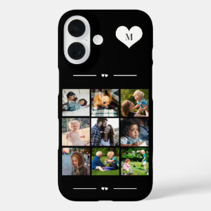 Funda iPhone 16 Elegante monograma 9 collage de fotos negro