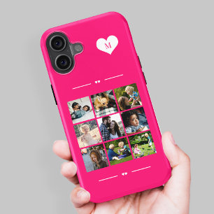 Funda iPhone 16 Elegante monograma 9 collage de fotos rosa calient