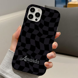 Funda iPhone 16 Elegante monograma a cuadros gris y negro