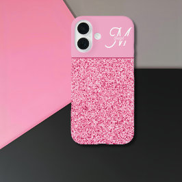 Funda iPhone 16 Elegante Monograma con Glitter Rosa y Nombre en Sc
