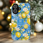 Funda iPhone 16 Elegante Monograma de cítricos limón Nombre person<br><div class="desc">Elegante Monograma de cítricos limón Fundas de nombre personalizado iPhone 16 con su monograma y nombre personalizado en una tipografía de escritura elegante sobre un moderno patrón azul y amarillo de limones y flores. Un regalo perfecto para su cumpleaños, madre para el Día de la Madre, hermana o mujer para...</div>