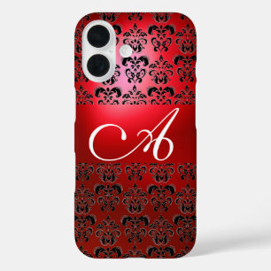 FUNDA iPhone 16 ELEGANTE MONOGRAMA DE DAMASCA NEGRO ROJO