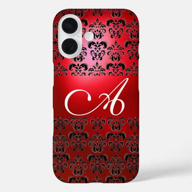 FUNDA iPhone 16 ELEGANTE MONOGRAMA DE DAMASCA NEGRO ROJO (Reverso )