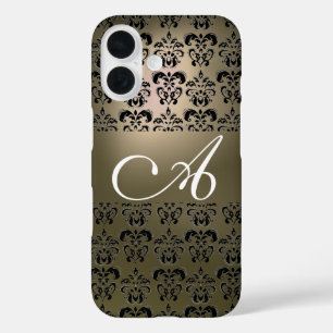 FUNDA iPhone 16 ELEGANTE MONOGRAMA GRIS NEGRO DAMASK