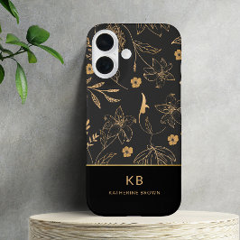 Funda iPhone 16 Elegante Monograma Moderno Patrón Floral Negro Oro