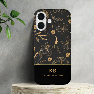 Funda iPhone 16 Elegante Monograma Moderno Patrón Floral Negro Oro