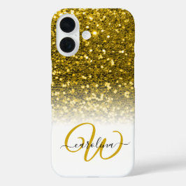 Funda iPhone 16 Elegante monograma oro nombre purpurina blanco