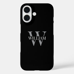 Funda iPhone 16 Elegante monograma personalizado negro y gris blan