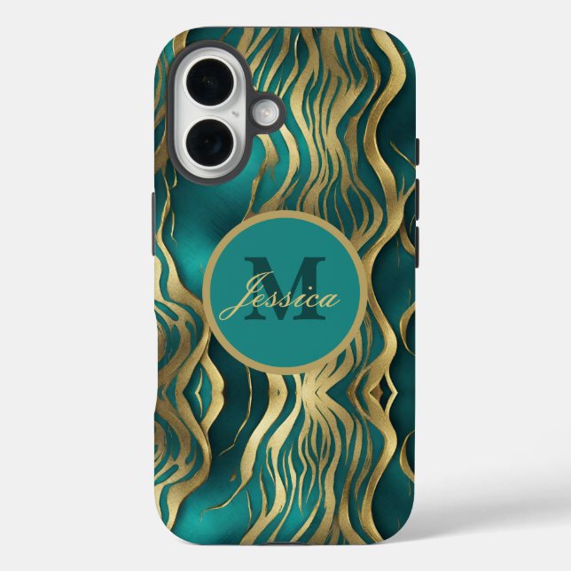 Funda iPhone 16 Elegante Monograma Verde azulado azul turquesa de  (Reverso )