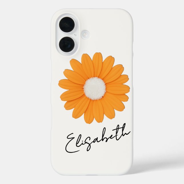 Funda iPhone 16 Elegante Naranja Daisy / Flor y nombre en marfil (Reverso )