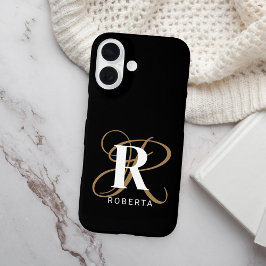 Funda iPhone 16 Elegante nombre de monograma del guión de oro negr