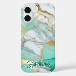 Funda iPhone 16 Elegante nombre personalizado de mármol verde salv