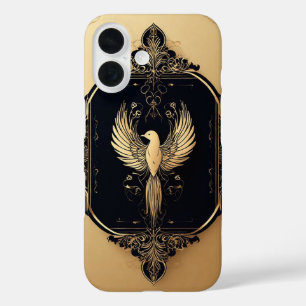 Funda iPhone 16 Elegante Pájaro de Oro en Marco Antiguo Ornamentad