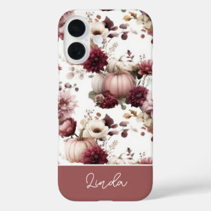 Funda iPhone 16 elegante patrón de calabaza y flores personalizado
