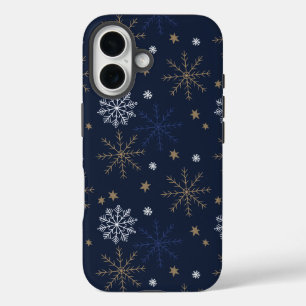 Funda iPhone 16 Elegante patrón de copo de nieve Azul oscuro