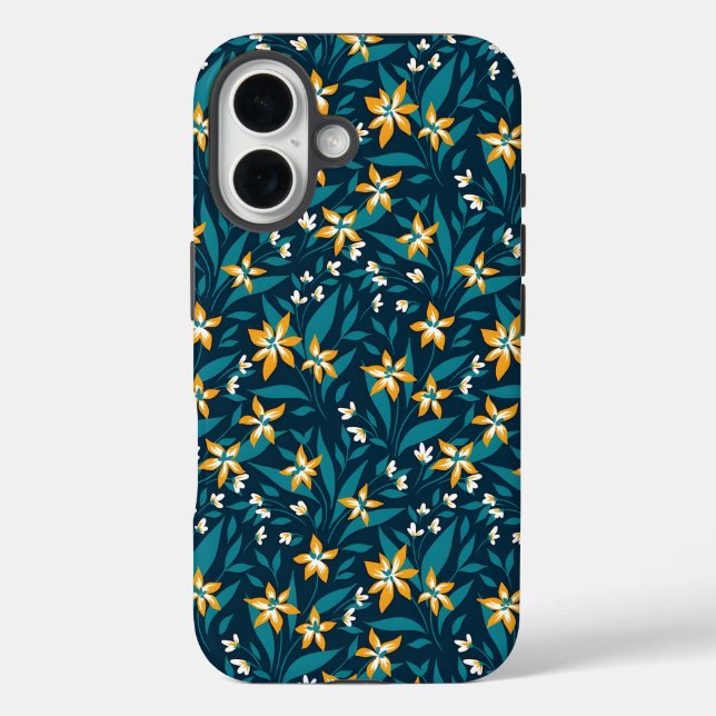 Funda iPhone 16 Elegante patrón de flores amarillas en hojas verde (Reverso )