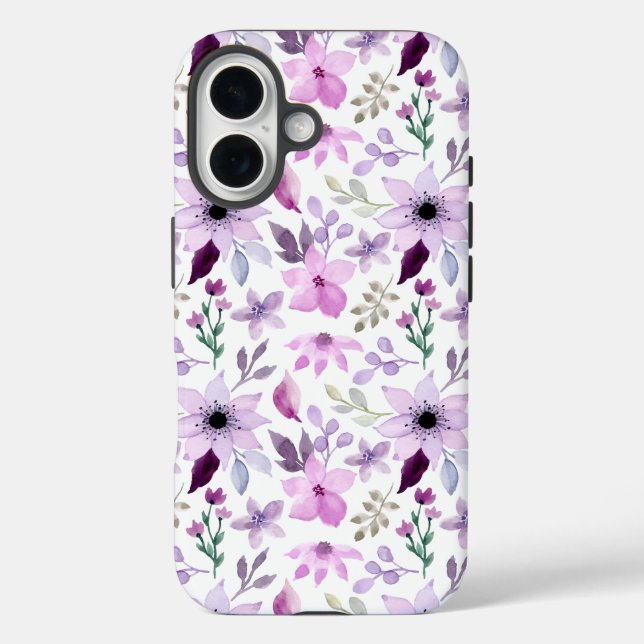 Funda iPhone 16 Elegante patrón de flores rosas y púrpuras (Reverso )