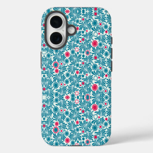 Funda iPhone 16 Elegante patrón de follaje en azul verde y magenta