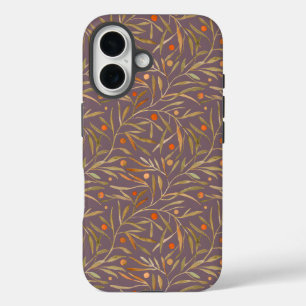 Funda iPhone 16 Elegante patrón de hoja de acuarela Fondo púrpura