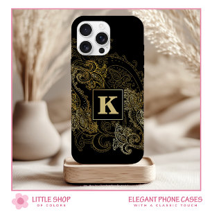 Funda iPhone 16 Elegante patrón de monograma de cachemira en negro