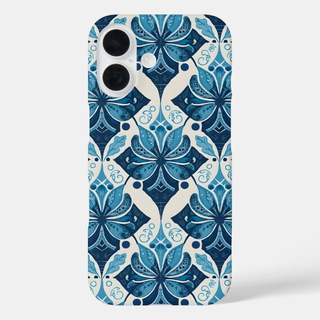 Funda iPhone 16 Elegante patrón floral boho en azul (Reverso )