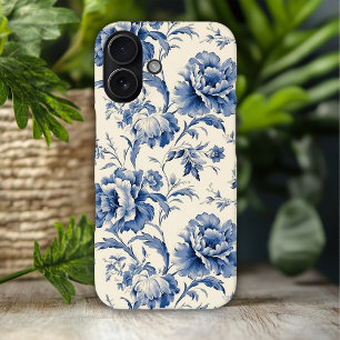 Funda iPhone 16 Elegante patrón floral vintage azul
