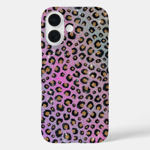 Funda iPhone 16 Elegante Purpurina rosa azul dorado Leopardo negro