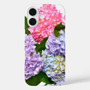 Funda iPhone 16 Elegante ramo de horteno floral azul púrpura rosa