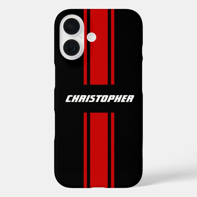 Funda iPhone 16 Elegante Red Black Carreras Stripes Monogramado No (Reverso )