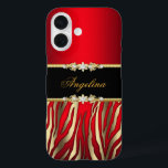 Funda iPhone 16 Elegante Red Zebra Black Gold<br><div class="desc">Elegante y elegante animal rojo de oro negro de cebra de lujo impreso Girly. Faux Diamond Jewel Añadir nombre inicial Purpurina (ten en cuenta que la imagen aparecerá más oscura en el Funda) Fabulous product for Women, Chicas, Zizzago creó este diseño POR FAVOR NOTE todas las imágenes planas! ¡¡¡NO tienen...</div>
