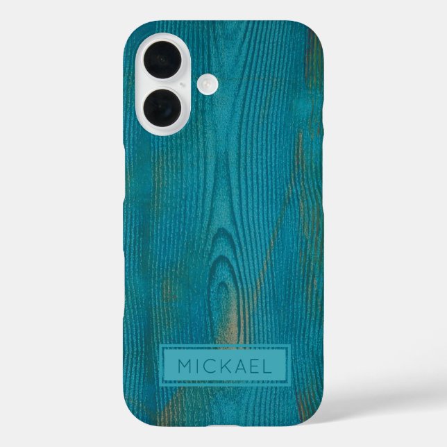 Funda iPhone 16 Elegante Resumen Verde azulado Grano de madera Tex (Reverso )