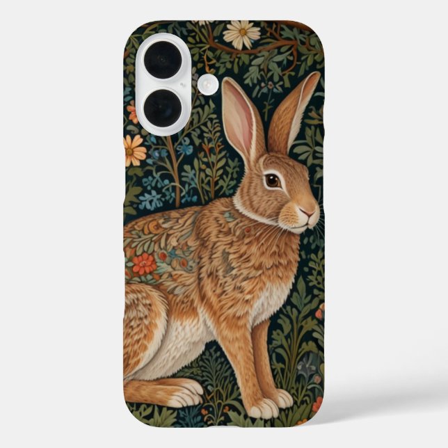 Funda iPhone 16 Elegante retro boho conejo leñoso floral (Reverso )