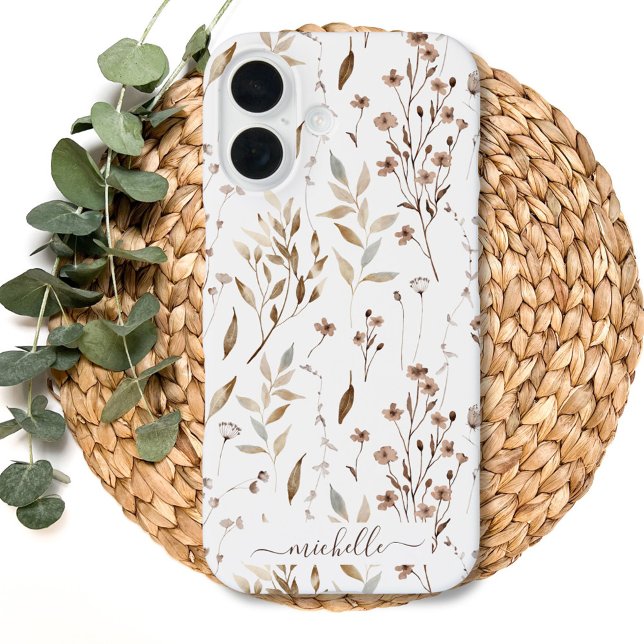 Funda iPhone 16 Elegante Rústico Boho Floral Botánico Marrón (Close up)